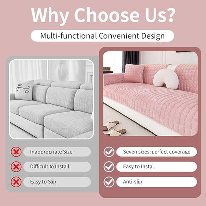 Velvet Couch Cover, Washable Sectional Sofa Cover, Anti Slip Sofa Slipcover for 3 Cushion Couch Sofa L Shaped Armrest Backrest, Furniture Protector Covers for Pets Kids(1PC,Pink,36"×63")