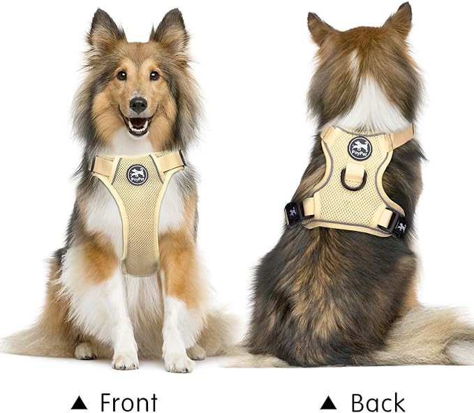 PoyPet Reflective Soft Breathable Mesh Dog Harness Choke-Free Double Padded Vest with Adjustable Neck and Chest(Khaki,XL)