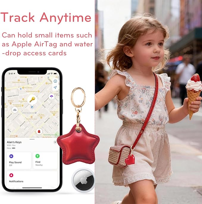 Leather Charm Keychain Holder Case Compatible with AirTag,Cute Protective Star-Shaped Cover with Luxe Ring Clip,Finder GPS Tracker Case for Wallet Keys,Bag,Pets(Red)