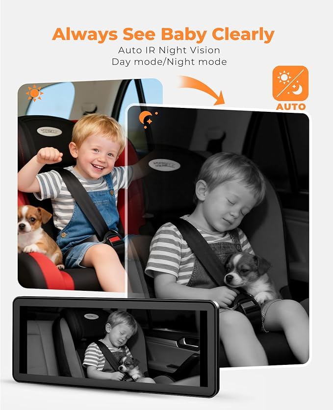 LUCKVIEW BM5PRO 7.2" 1080P HD Baby Car Camera for 2 Kids, Split Screen with IR Night Vision, Easy to Install & Adjust Brightness, Dual Car Camera Baby Monitor for Rear Seat Safety