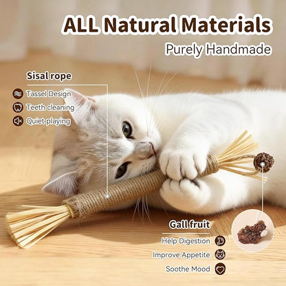 Cat Toys for Indoor Cats, 3 Pcs Silvervine Sticks with Gall Fruit & 1 Pc Cat Chew Rope for Teeth Cleaning, Interactive Cat Toys with Catnip, Kitten Chew Toys Teething for All Breeds Purple
