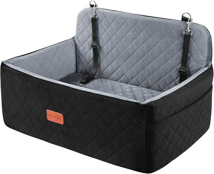 HEGGCOOE Dog Car Seat for Medium/Large Dogs, Pet Booster Seat for Under 55 lbs or 2 Small Dogs, Detachable & Washable Dog Car Bed for Backseat with 2 Safety Leashes (Black/Grey)