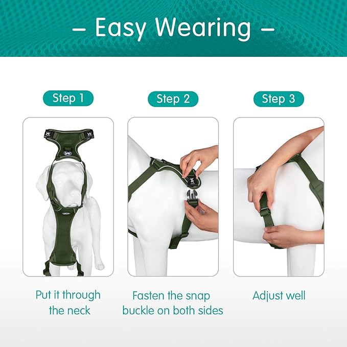 PoyPet Reflective Soft Breathable Mesh Dog Harness Choke-Free Double Padded Vest with Adjustable Neck and Chest(Military Green,XL)
