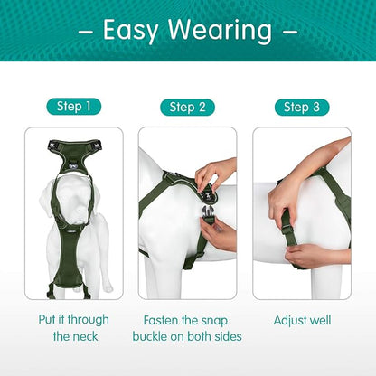 PoyPet Reflective Soft Breathable Mesh Dog Harness Choke-Free Double Padded Vest with Adjustable Neck and Chest(Military Green,XL)