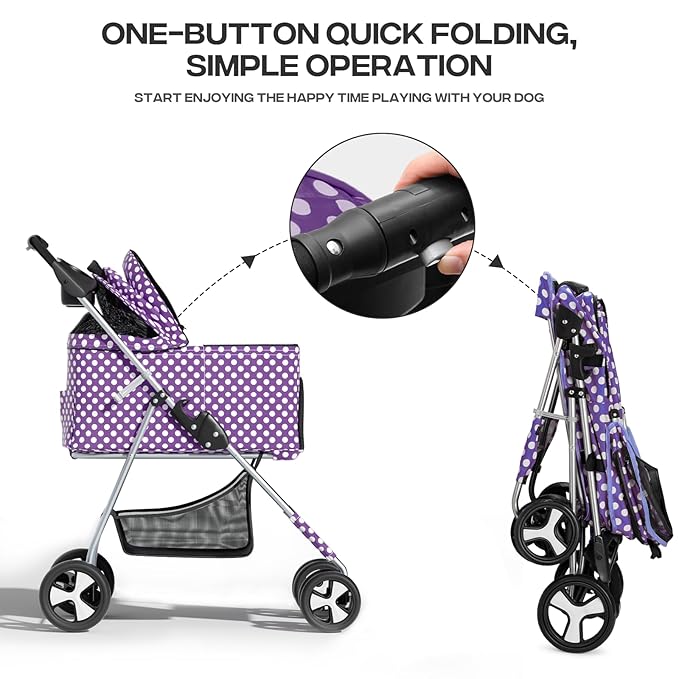 3-in-1 Visible Foldable Pet Detachable Carrier, Car Seat and Stroller with Push Button Entry for Small Pets, Cat Dog Stroller for Medium Dogs Cats Load Up to 33 lbs, Purple Polka Dots