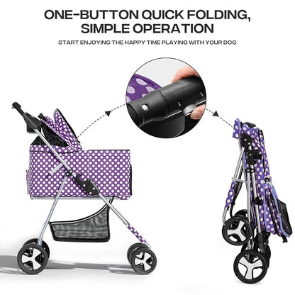 3-in-1 Visible Foldable Pet Detachable Carrier, Car Seat and Stroller with Push Button Entry for Small Pets, Cat Dog Stroller for Medium Dogs Cats Load Up to 33 lbs, Purple Polka Dots