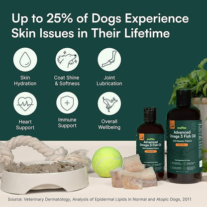 Wuffes Advanced Omega 3 Fish Oil for Dogs, Natural EPA & DHA Fatty Acids, Supports Healthy Skin and Coat, Joint Nutrition, Digestion & Immune System - 100% Pure Wild Alaskan Fish Oil, 16 Oz