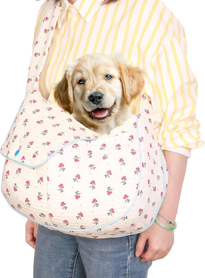 Flower Pet Sling Carrier for Small Dogs and Cats, Breathable Cotton Cats Carrier Purse，Floral Print Puppy Bag 5-10 Lbs, Hand Free Travel Chest Cat Sling, Gifts for Pet Mom Girls（White, Small