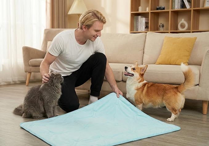 Self Cooling Mat for Dogs & Cats, 35x23 Soft Breathable Cold Crate Pad for Pet, Portable Washable Kennel Bed for Outdoor Summer with Non-Slip Bottom and Chill Cool Fiber, Sky Blue