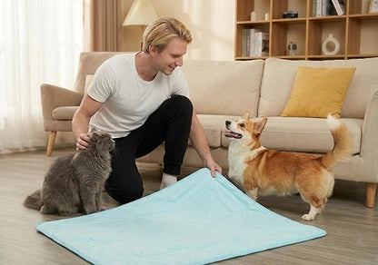 Self Cooling Mat for Dogs & Cats, 35x23 Soft Breathable Cold Crate Pad for Pet, Portable Washable Kennel Bed for Outdoor Summer with Non-Slip Bottom and Chill Cool Fiber, Sky Blue