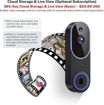 Smart 1080p Video Doorbell Camera with Doorbell Receiver, Live View, AI Human Detection, 2-Way Audio, Night Vision, Cloud Storage (Sold Separately), 2.4G WiFi