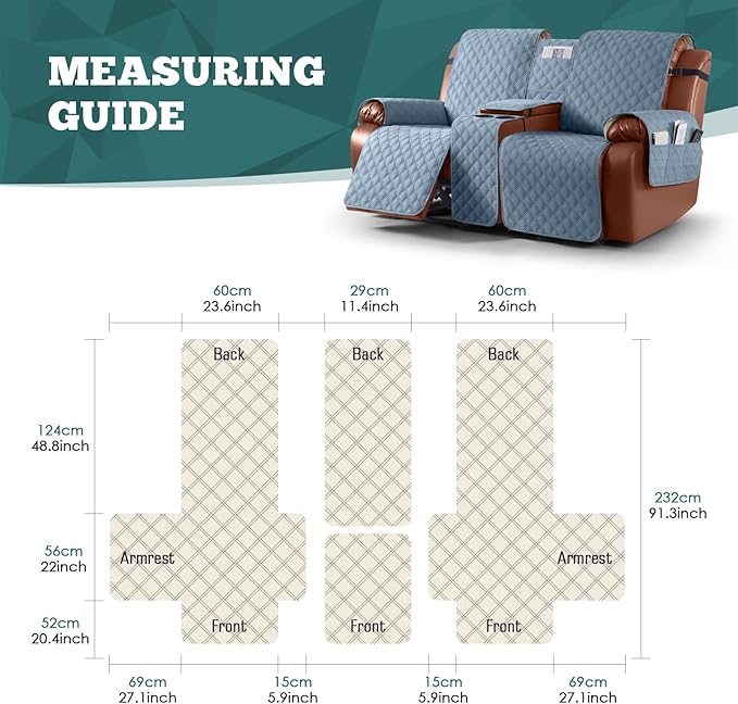 Ruaozz Waterproof Loveseat Recliner Cover with Console Non-Slip Reclining Couch Covers Split Sofa Slipcovers with Elastic Straps Furniture Protector for Kids, Dogs, Pets (Pastel Blue, 2 Seater)