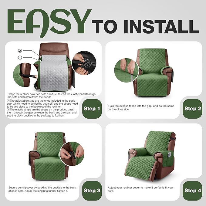 KinCam 100% Waterproof Recliner Chair Cover, Reclining Couch Covers for Pets, Dogs, Recliner Sofa Slipcover Furniture Protector with Elastic Straps for Kids(23.6", Vine Green)