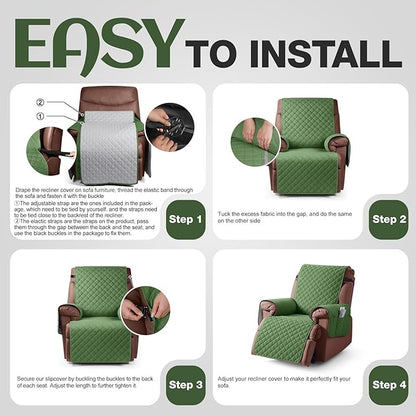 KinCam 100% Waterproof Recliner Chair Cover, Reclining Couch Covers for Pets, Dogs, Recliner Sofa Slipcover Furniture Protector with Elastic Straps for Kids(23.6", Vine Green)