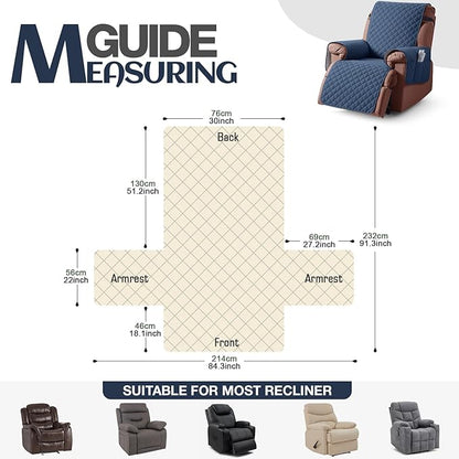 KinCam 100% Waterproof Recliner Chair Cover, Reclining Couch Covers for Pets, Dogs, Recliner Couch Slipcover Furniture Protector with Elastic Straps for Kids(30", Blue)