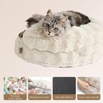 EHEYCIGA Soft Cat Couch Bed for Indoor Cats, Fluffy Extra Small Dog Bed with Removable Washable Cover, Bolster Pet Sofa, Waterproof and Non-Slip, 20" x 20"x 6.5", Cream