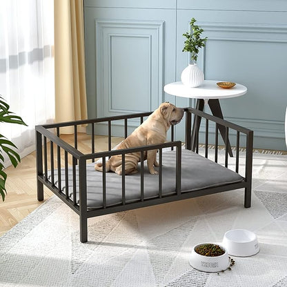 OSCHF Dog Bed with Rails - Elevated Pet Metal Bed Frame with Solid Wood Board and Washable Soft Mat for Medium Dog Indoor or Outdoor Use, 25.2" x 37.8", Black