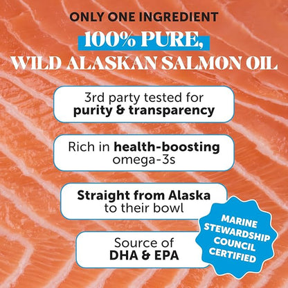 Wild Alaskan Salmon Oil, Omega-3 Fish Oil for Dogs and Cats, Fatty Acids, Salmon Oil for Dogs, Skin and Coat Health, Pure Dog Food Topper, Supports Joints, Brain & Heart Health - 32oz