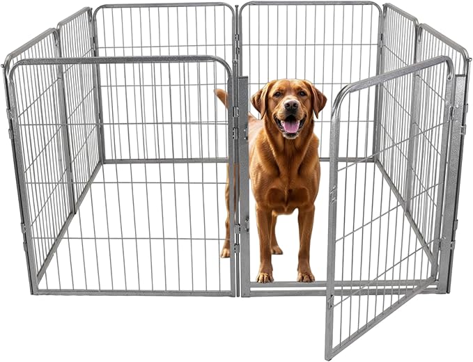 Dog Playpen - 32 inch, 8 Panel Portable Grey Metal Pet Play Pen for Small Dogs & Puppies - Indoor/Outdoor Kennel Cage | Anti-Rust - Tool Free Setup for Home, Yard, RV, or Camping