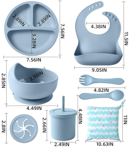 Silicone Baby Feeding Set, 10 Pcs Baby Led Weaning Supplies Baby Eating Essentials Set with Suction Bowl Divided Plate Adjustable Bib Soft Spoon Fork Cup with Lid Drinking Cup, Travel Bag (Blue)