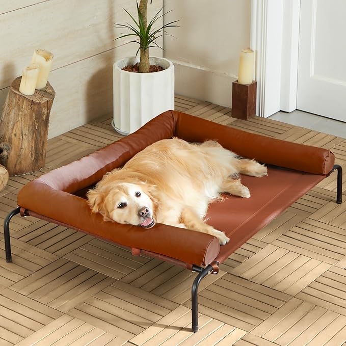 Cooling Elevated Dog Bed for Large Dogs – Waterproof Raised Dog Cot with Slope Headrest, Breathable Teslin Mesh, Durable & Portable Pet Bed for Indoor and Outdoor Use, Caramel