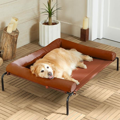 Cooling Elevated Dog Bed for Large Dogs – Waterproof Raised Dog Cot with Slope Headrest, Breathable Teslin Mesh, Durable & Portable Pet Bed for Indoor and Outdoor Use, Caramel
