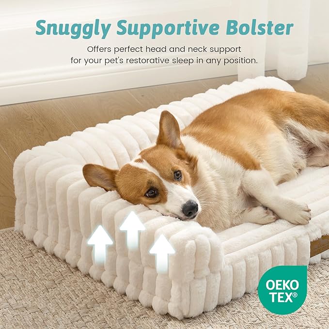 COZY KISS Medium Dog Bed, Faux Rabbit Fur Orthopedic Foam Dog Bed with Sides, Removable Washable Cover & Waterproof Lining, Comfortable Pet Couch for Medium Dogs, Cream (36" L x 27" W x 6.5" Th)