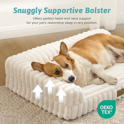 COZY KISS Medium Dog Bed, Faux Rabbit Fur Orthopedic Foam Dog Bed with Sides, Removable Washable Cover & Waterproof Lining, Comfortable Pet Couch for Medium Dogs, Cream (36" L x 27" W x 6.5" Th)