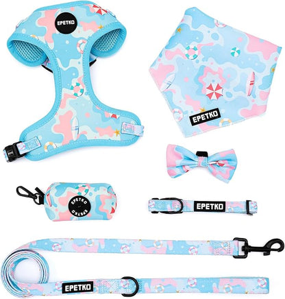 Small Dog Harness and Leash Set of 6, No Pull Soft Lightweight Mesh Puppy Harness， Adjustable Cute Floral Pattern Pet Harness for Small Medium Dogs (Blue Sea, L)