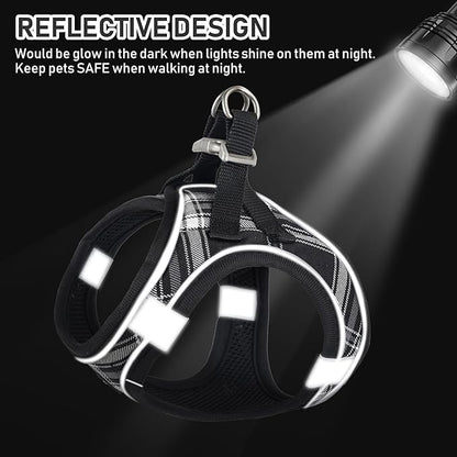 GAMUDA Small Dog Harness Collar and Leash Set, Step in No Chock No Pull Soft Mesh Adjustable Dog Vest Harnesses Plaid Reflective for Dogs Puppy Cats Kitten Rabbit (Black, XS)
