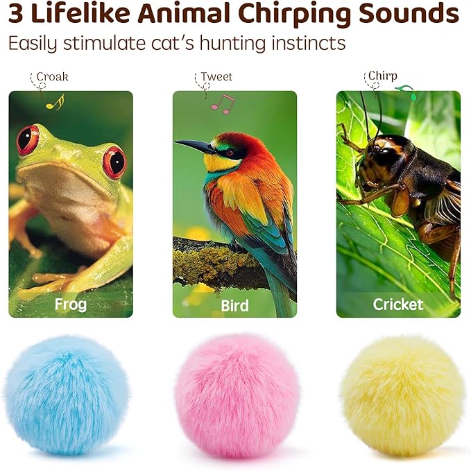Potaroma Chirping Cat Toys Balls with SilverVine Catnip, Upgraded, 3 Pack Fluffy Interactive Cat Kicker, 3 Lifelike Animal Sounds, Kitty Kitten Catnip Exercise Toys