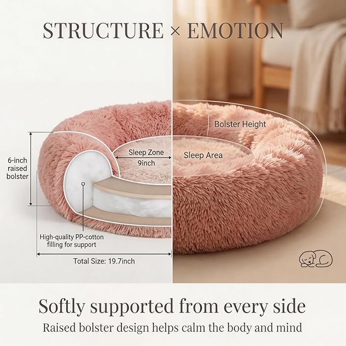 Calming Donut Dogs Beds for Small Dogs Washable,19inch Fluffy Round Puppy Bed for Puppies,Cats & Toy Breeds with Raised Rim,Fits up to 15 lbs Pets,Pink