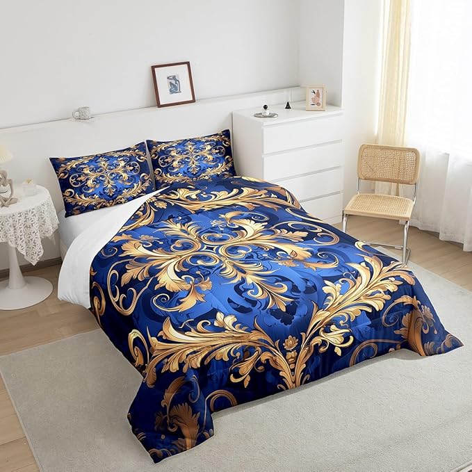 Erosebridal Paisley Comforter Set King Flower Bedding Set, Navy Blue Gold Bedding Comforter Sets Golden Floral Duvet, Bohemian Hippie Quilted Comforter Teen Adults Bedroom Décor, Lightweight 3pcs