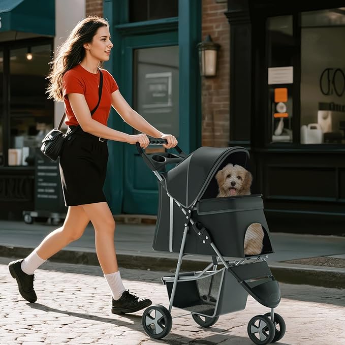 Pet Stroller for Small Dogs 10 lbs, Dog Stroller for Medium Dogs 30 lbs, Cat Strollers for 2 Cats, 3 Wheels Foldable Jogger Puppy Stroller with Storage Basket and Cup Holder, Black Polka Dots