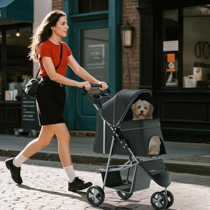 Pet Stroller for Small Dogs 10 lbs, Dog Stroller for Medium Dogs 30 lbs, Cat Strollers for 2 Cats, 3 Wheels Foldable Jogger Puppy Stroller with Storage Basket and Cup Holder, Black Polka Dots