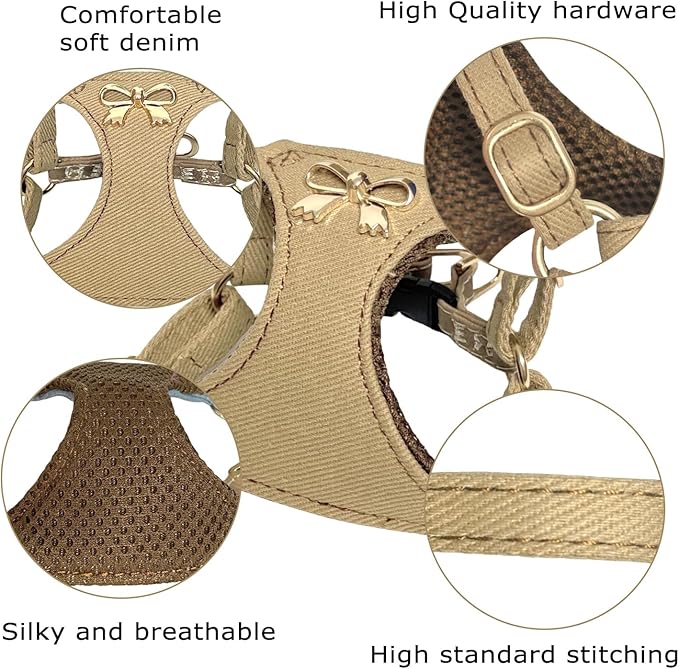 No Pull Dog Harness and Leash Set for Small Sized Dog Training Puppy Harnesses with Multifunction Dog Leash Soft Adjustable Denim No Choke Escape Proof Pet Harness for Small and Medium Dog (Brown XS)