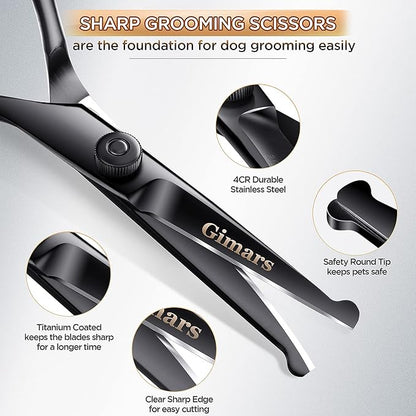 Gimars 7inch Professional 4CR Stainless Steel 6 in 1 Grooming Scissors for Dogs with Safety Round Tip, Heavy Duty Titanium Coated Pet Grooming Scissor for Dogs, Cats and Other Animals