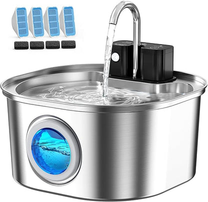 Voluas Stainless Steel Cat Water Fountain: 108oz/3.2L Wireless Cat Fountain Battery Operated for Drinking Indoor, Automatic Pet Water Dispenser Bowl with Ultra Quiet Pump, Easy Clean BPA-Free, 4Filter