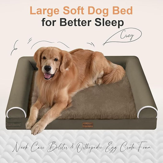 Large Dog Bed Orthopedic Washable: Jumbo Dog Bed Bolster Extra Large Dogs Egg Crate Foam Sofa Couch Waterproof Removable Cover - Brown