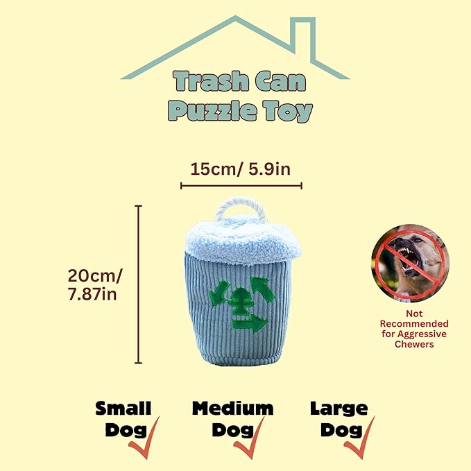 Dog Squeaky Toys, Plush Puzzle Dog Toy for Small Medium Large Dogs, Chew Fetch Brain Stimulating Toy, 3 Durable Small Toys with a Big Trash Can