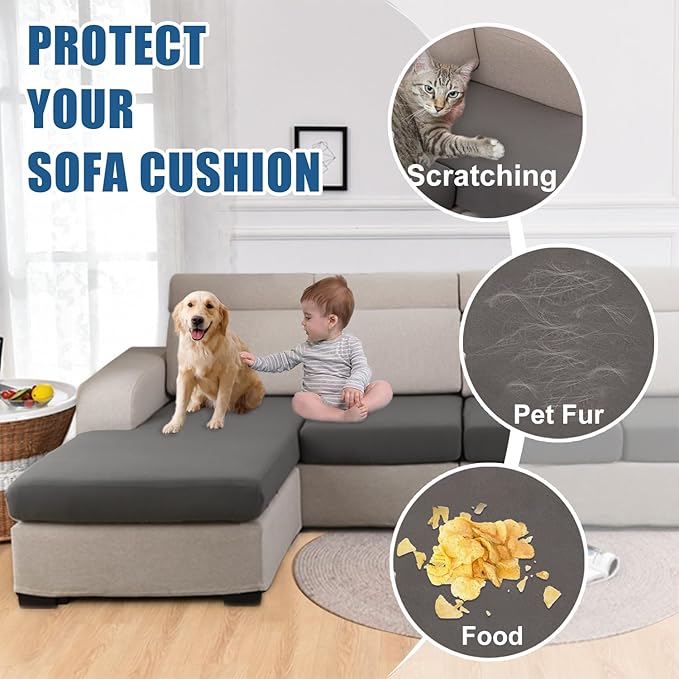 100% Waterproof Couch Cushion Covers L Shaped Chaise Cover, Stretch Seat Covers for Sectional Sofa, Reversible Couch Sofa Protector Covers for Kids Pets, Washable(Chaise Cover, Grey)