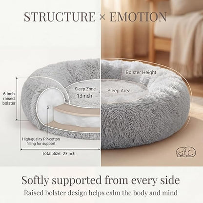 Calming Donut Dogs Beds for Small Dogs Washable,23inch Plush Round Pet Bed for Cozy Sleep,Fluffy Faux Fur Large Cat Bed,Fits up to 25 lbs Pets,Frost Grey