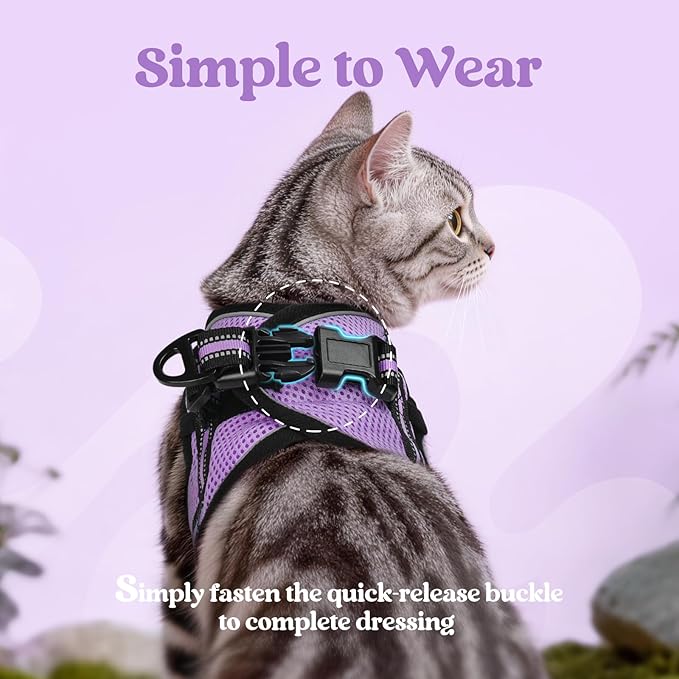 rabbitgoo Cat Harness and Leash Set for Walking Escape Proof, Adjustable Soft Kittens Vest with Reflective Strip for Cats, Comfortable Outdoor Vest, Light Purple, L