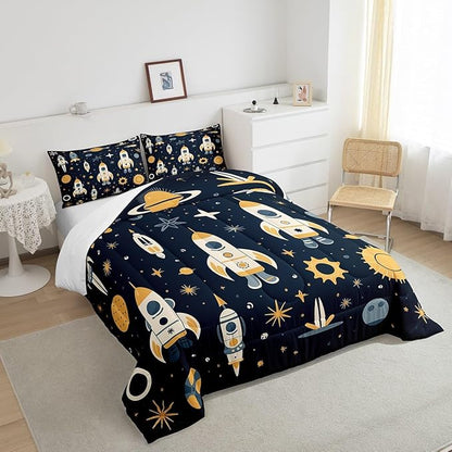 Erosebridal Galaxy Sun Bedding Sets King Universe Stars Down Comforter,Rocket Quilt Set for Kids Toddler Cartoon Planets Style Quilted Comforter Lightweight Soft Room Decorative 3 Piece