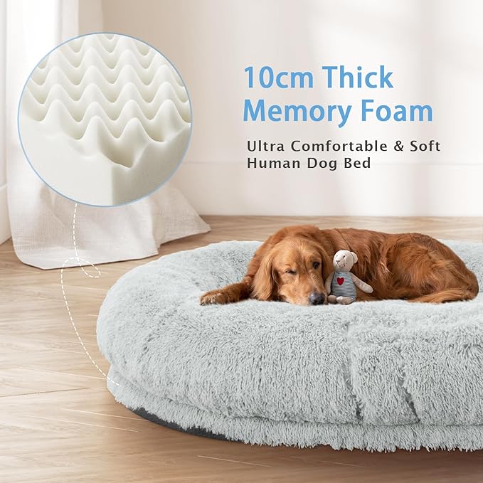 Human & Dog Bed - 71''x45''x12'' Fits People & Pets, 10 CM Thick Memory Foam, Washable, Adult & Large Size, Giant Oversize, Foldable with Plump Pillow, Blanket, Strap - Grey