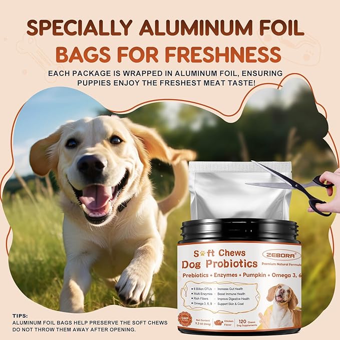 ZEBORA Probiotics for Dogs, Dog Probiotics, for Digestive Health, Plus Pumpkin and Fish Oil, for Gut & Itchy, 180 Soft Chews