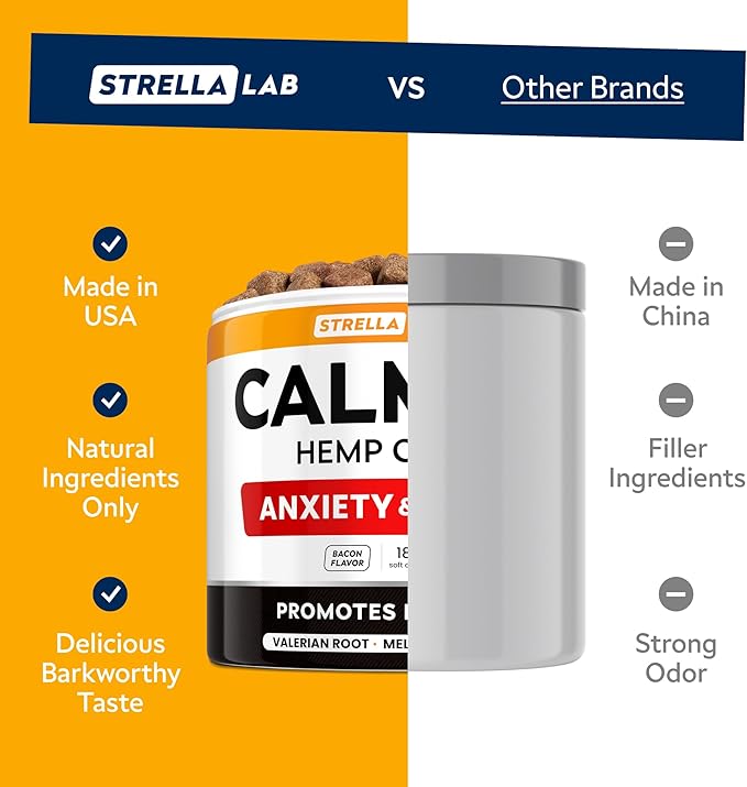 STRELLALAB Hemp Calming Chews for Dogs - Melatonin Dog Treats - Anxiety Relief - Calming Chews - Sleep & Stress Aid for Separation - 180 Treats