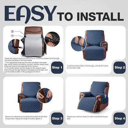 KinCam 100% Waterproof Recliner Chair Cover, Reclining Couch Covers for Pets, Dogs, Recliner Couch Slipcover Furniture Protector with Elastic Straps for Kids(28", Blue)