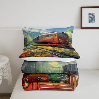 Erosebridal Watercolor Train Twin Comforter Steam Engine Comforter Set Oil Painting Bedding Set Rainbow Botanical Floral Duvet Set Hand Drawn Car Theme Room Décor for Kids Toddler Boys