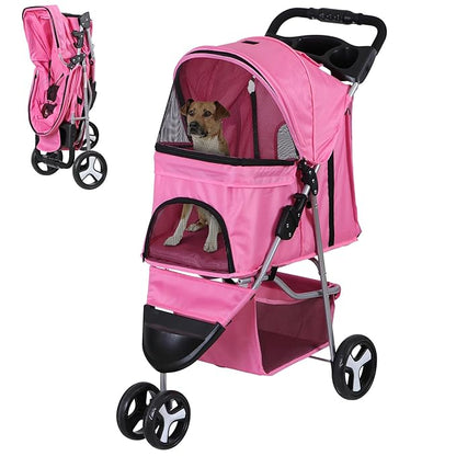 3 Wheels Dog Stroller Folding Pet Strolling Cart for Small Medium Cats Puppies Portable Jogger Travel Camping Puppy Carrier with Storage Basket Cup Holder, Pink